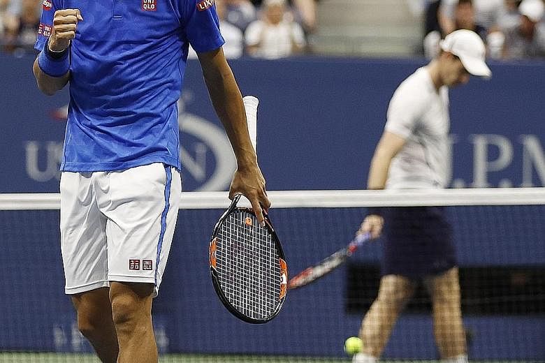 Left: Kei Nishikori celebrating a point against Andy Murray in their US Open quarter-final. The Scot felt that the tide changed when the rain came and the roof was closed, which helped his rival return better. Below: Juan Martin del Potro is moved by