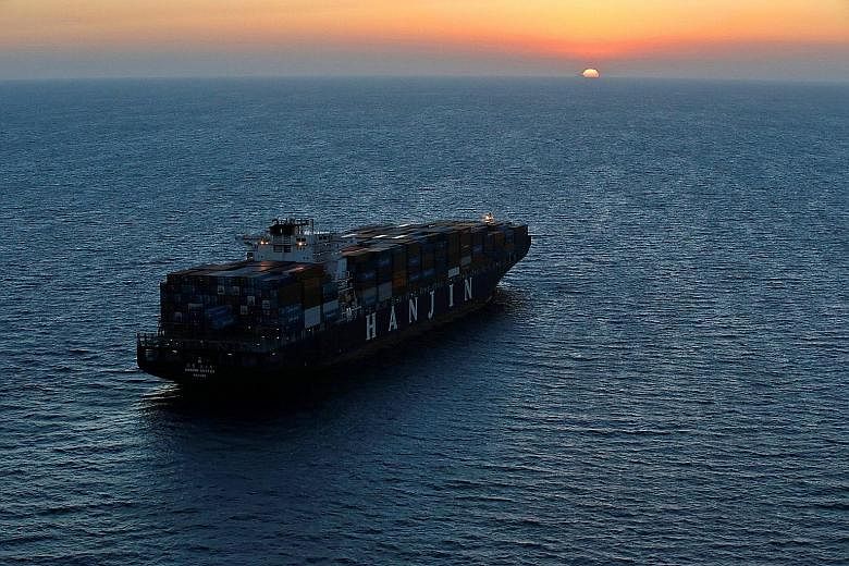 A Hanjin vessel stranded outside the Port of Long Beach in California on Thursday. About US$14 billion (S$19 billion) worth of cargo was stranded by the collapse of the world's seventh-largest container carrier.