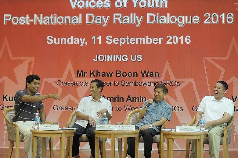 Sembawang GRC MPs (from far left) Vikram Nair, Ong Ye Kung, Khaw Boon Wan and Amrin Amin at the post-National Day Rally dialogue for youth, which covered topics such as race, terrorism and the economy. Also discussed were proposed changes to the elec