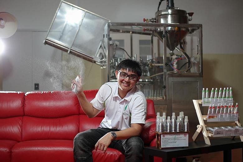 Mr Theodore Khng, an accountant by training, started his firm, Theo10, to hawk his homemade balms and tried mixing his own repellent nine months ago. He now churns out 600 bottles of the 130ml sprays each day.