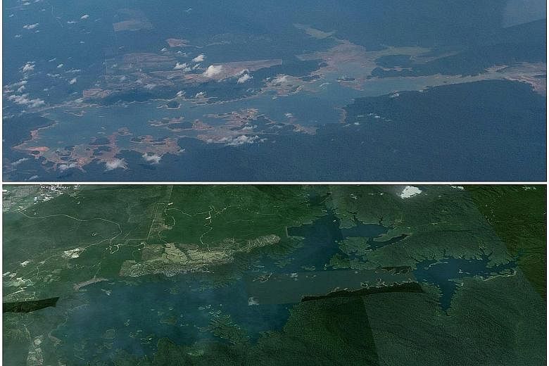 Top: An aerial photo of Linggiu Reservoir in Johor, which was only 25 per cent full two weeks ago. Above: The reservoir when full.