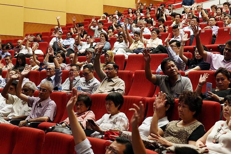 Community and grassroots leaders at the dialogue at ITE College East last night. During the session, Mr Shanmugam fielded questions and said the Government makes tweaks to the system that it feels are in the best interest of Singapore, even if the ch