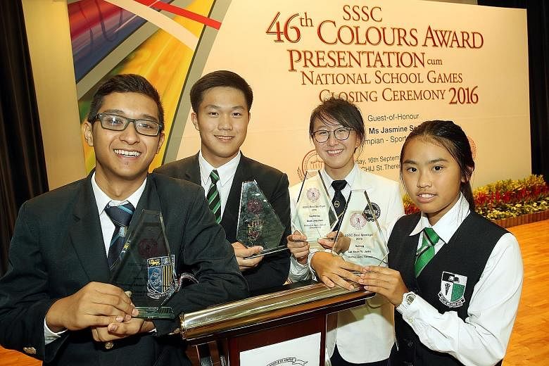 From left: Sepak Takraw player Mohammed Alfian, sailor Bernie Chin from Raffles Institution, swimmer Quah Jing Wen, and sailor Jodie Lai each picked up Best Sportsboys or Sportsgirls awards.