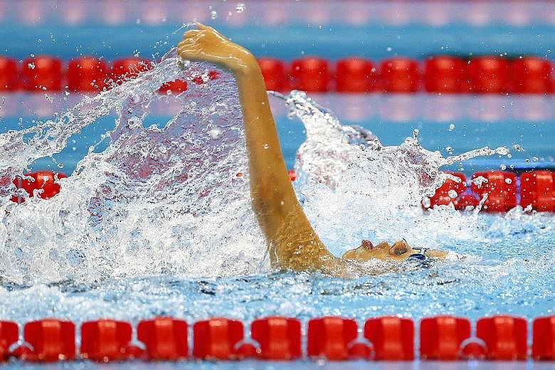 Singapore's Yip Pin Xiu competing in the women's 50m backstroke S2 final at the Rio Paralympics. Her victory in 1min 0.33sec was the result of strengthening her core and swimming as close to the surface as possible.