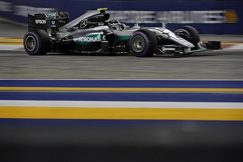 Mercedes driver Nico Rosberg at Turn 22 during qualifying for the Singapore Grand Prix last night. Six times in eight years, the race has been won by drivers at the top of the grid, as the narrow track limits overtaking.