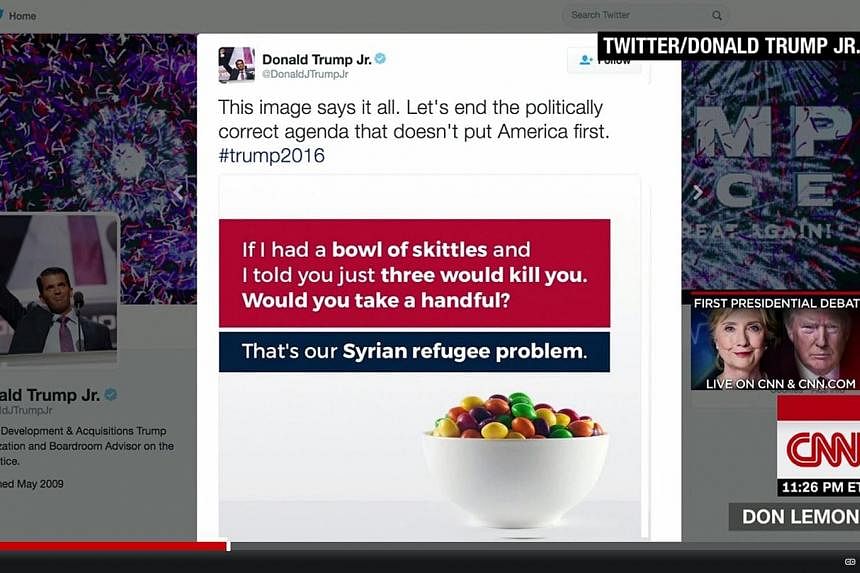 A screenshot of Mr Trump Jr's controversial Syrian refugee tweet on Monday.