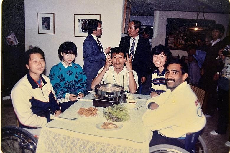 Singapore para-athletes Grace Ong Bah Lee (extreme left), Freddie Tang See Chong (middle) and Raja Singh dining out during the 1988 Seoul Paralympics, which marked the country's debut in the Games.