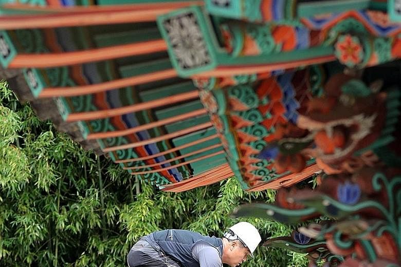 Workers from a cultural property repair agency replacing roof tiles at a traditional building in the city of Gyeongju, South Korea, on Sept 19 - a week after a 5.8