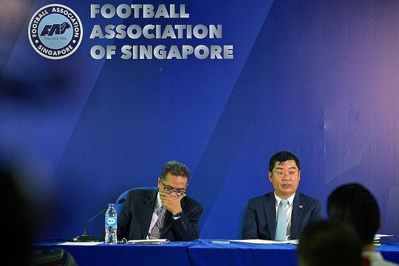 FAS president Zainudin Nordin (left) and vice-president Bernard Tan at the AGM yesterday. They said there is no definite timeline for the constitution to be revised.