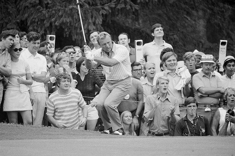 Anti-clockwise from above: Arnold Palmer playing in Augusta, Georgia, in 2008; Harrison, New York, in 1971; and East Norwich, New York, in 1958. Popularly known as The King, he was one of golf's first television superstars, helping to make the sport 