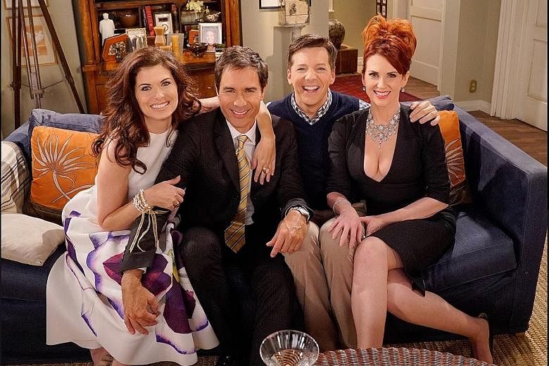 Will & Grace stars (from left) Debra Messing, Eric McCormack, Sean Hayes and Megan Mullally reunited on the set of the pair's old apartment in a mini episode convincing Karen and Jack to support Hillary Clinton.