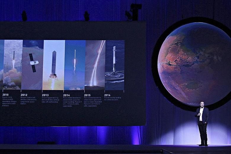 Mr Musk outlining his vision of travel to Mars at the 67th International Astronautical Congress on Tuesday in Guadalajara, Mexico. The Space Exploration Technologies founder envisions several ships, each with about 100 passengers, making the voyage u