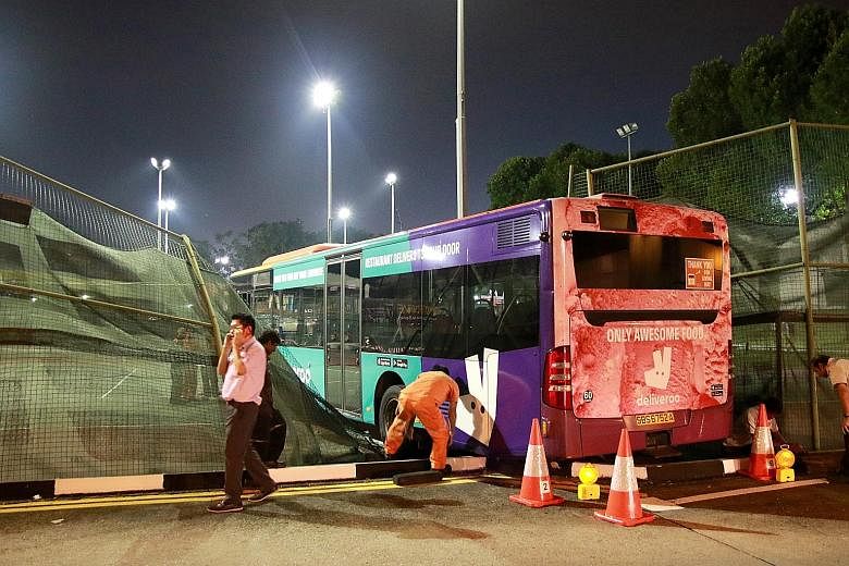 An SBS Transit bus crashed into a tennis complex next to the Yio Chu Kang interchange yesterday. No one was hurt in the accident, and the bus was removed at around 7.45pm. SBS Transit said it is probing the accident.