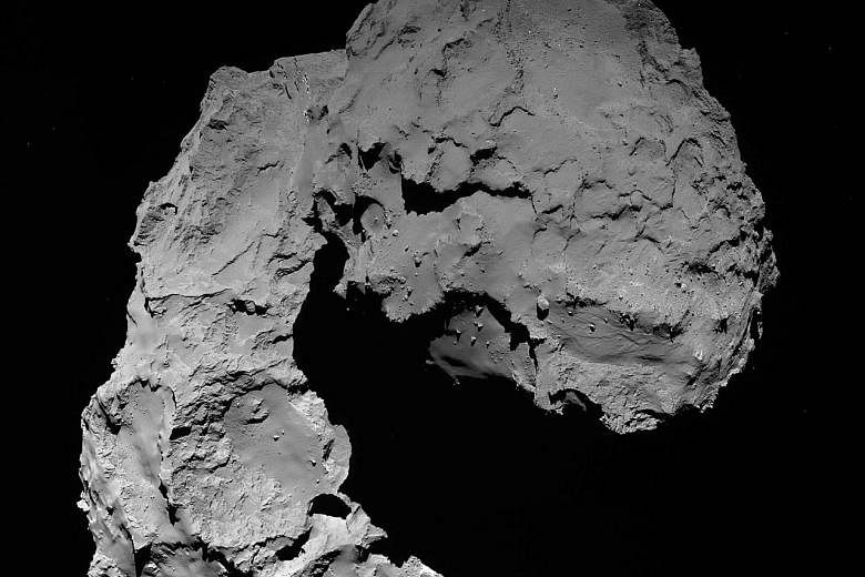 Left: A photograph of comet 67P taken by Rosetta from 22.9km away. Above: Chocolates in the shape of the comet at the European Space Agency's control centre in Darmstadt, Germany.