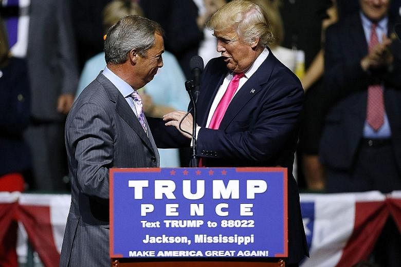 Mr Trump (at right) with Mr Farage at a campaign rally. The former Ukip leader is also expected to assist Mr Trump in the build-up to the third and final presidential debate on Oct 19.