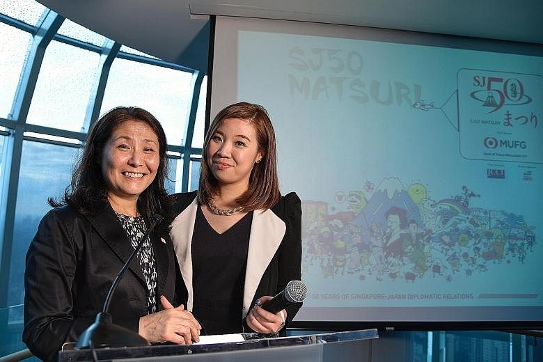 Ms Misako Ito (left), director of the Japan Creative Centre, and Ms Priscilla Tan, spokesman for the SJ50 Matsuri task force, at the pre-event press conference for SJ50 Matsuri, a special Japan-themed festival. Members of the Awa Odori folk group of 