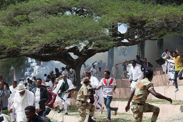 A chaotic scene after a thanksgiving ceremony in Ethiopia degenerated into violence on Sunday. Protesters threw stones and bottles. Security forces responded with baton charges and tear gas. There were some reports of gunfire.