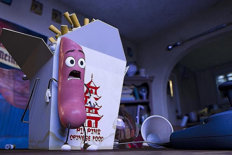 Sausage Party covers sex, drugs, race, the horror of American consumption and even the bullying of a dwarfish hotdog, Barry (above).