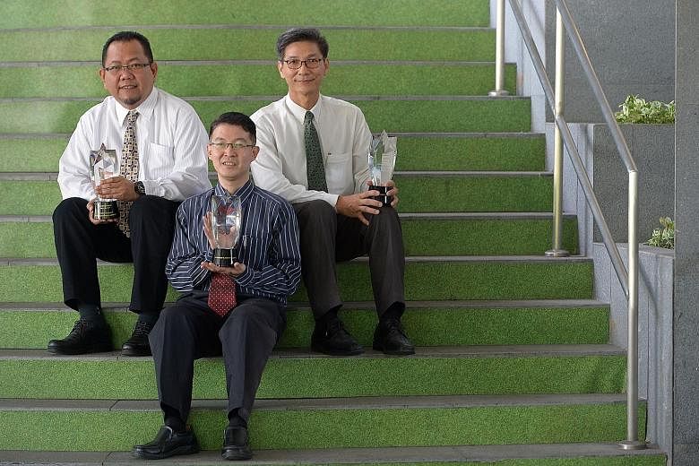 Award recipients included (from far left) Mr Mohamed Shahril, St Andrews Junior College maths teacher William Lee and senior manager of manufacturing services at Molex Singapore Sebastian Choo.