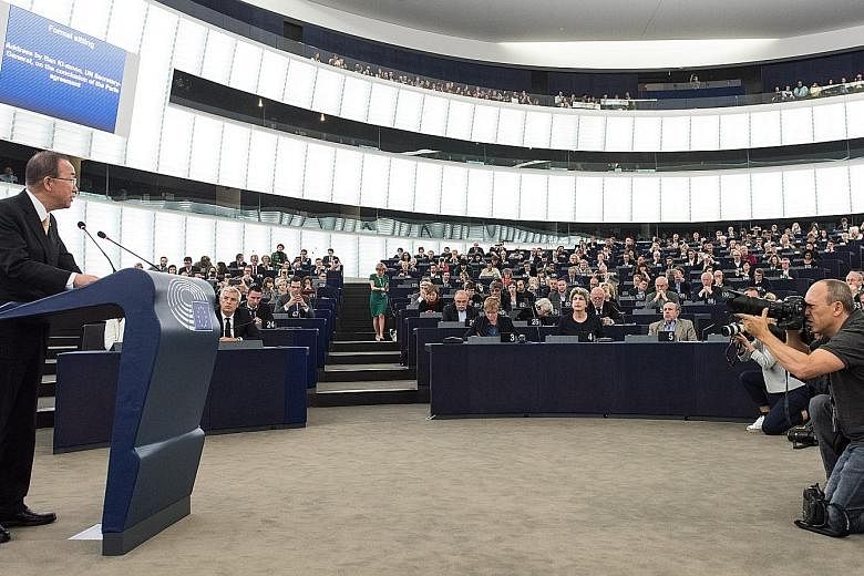 Mr Ban giving a speech prior to a voting session on the Paris climate deal at the European Parliament in Strasbourg, France, yesterday.EU approval, expected to be signed off by the bloc's 28 nations this week, will push the climate deal - the most sw