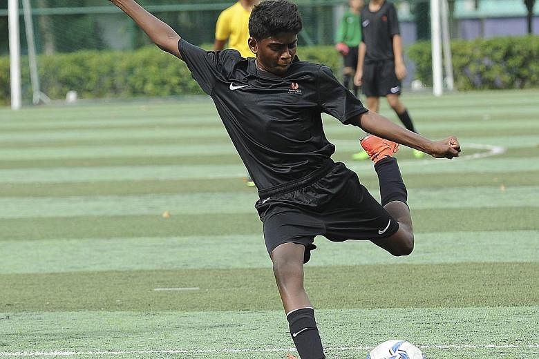 Rohin (left) scoring a goal in a football game four years ago and at a friendly match against Sembawang Secondary School last year (right). Although he is also gifted in running, he likes the unpredictability of football as it complements his ability