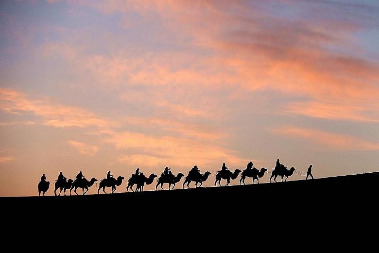 Tourists riding on camels at Yueya Spring in Dunhuang, in China's Gansu province. In the past, Gansu was a key transfer point and trading area along the ancient Silk Road.