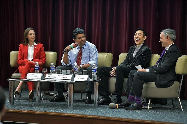 At the Singapore Press Club panel yesterday to discuss the US presidential race were (from left) Ms Datta of Republicans Overseas Singapore, moderator and SPH deputy CEO Mr Daniel, Prof Lim of NUS and Mr Okun, who sits on the board of the American Ch