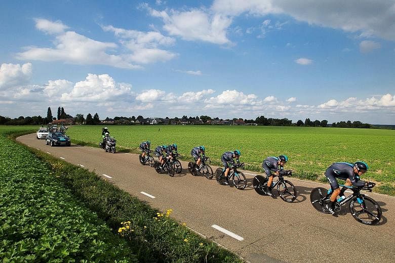 Team Sky riders racing in the Netherlands during the fifth stage of the Eneco Tour last month. The British cycling team have been subjected to negative headlines recently due to their TUE stance.