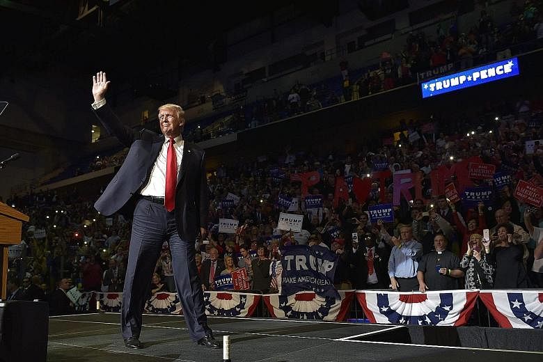 Mr Trump at a rally in Wilkes-Barre, Pennsylvania, on Monday. With his flurry of tweets yesterday against House Speaker Paul Ryan and the party at large, the controversial Republican nominee seems to have taken his uneasy relationship with his party 
