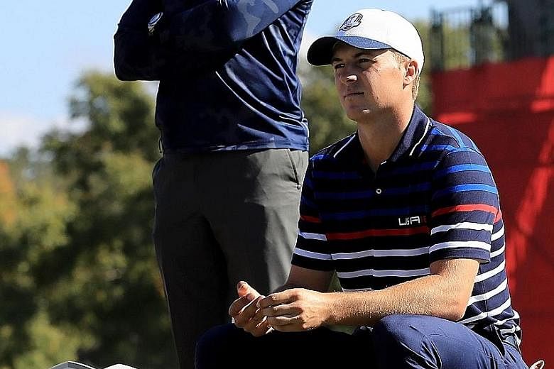 US Ryder Cup vice-captain Tiger Woods and Jordan Spieth at a practice session prior to the biennial tournament at Hazeltine National Golf Club.