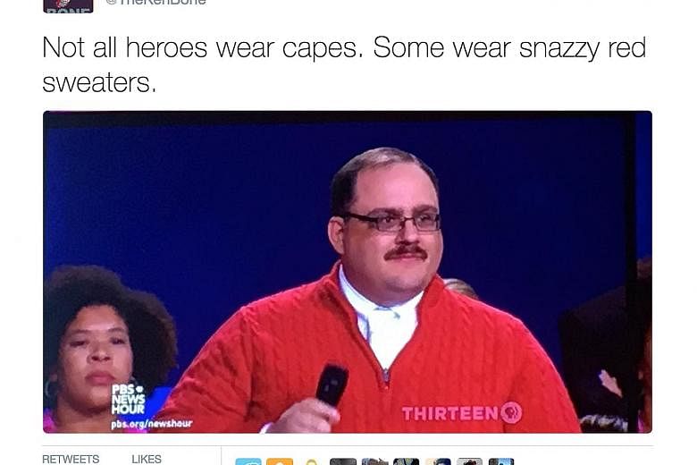Mr Kenneth Bone had initially intended to wear an olive-coloured suit, but donned a red fleece sweater when he split his trousers while getting into his car. His earnest demeanour at a United States presidential debate has made him an Internet hit.