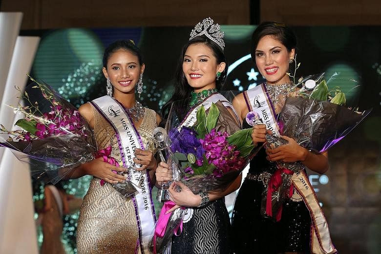 Miss Universe Singapore 2016 Cheryl Chou (centre) with first runner-up Tanisha Khan (left) and second runner-up Sonya Branson. Ms Chou also snagged two other titles: Miss Photogenic and Miss Aspirational.