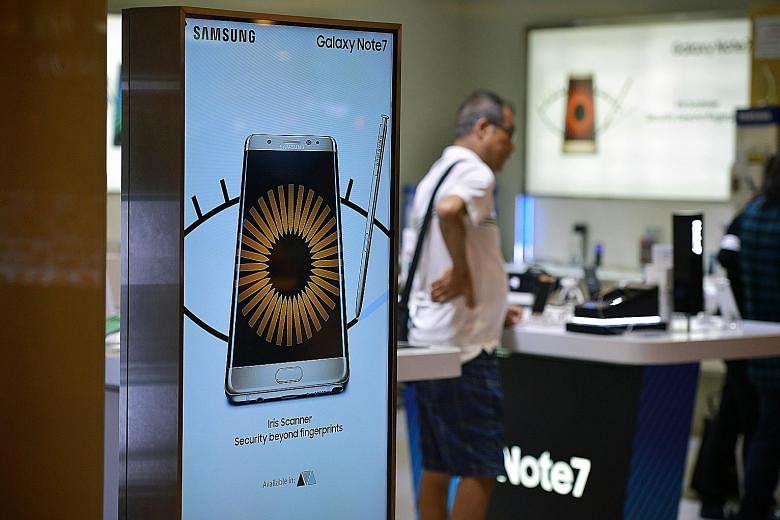 An advertisment for the Galaxy Note7 in Ang Mo Kio Hub. The phone was supposed to be Samsung's flagship device, but is now off the shelves barely two months after its launch due to multiple cases where it exploded and posed a hazard.