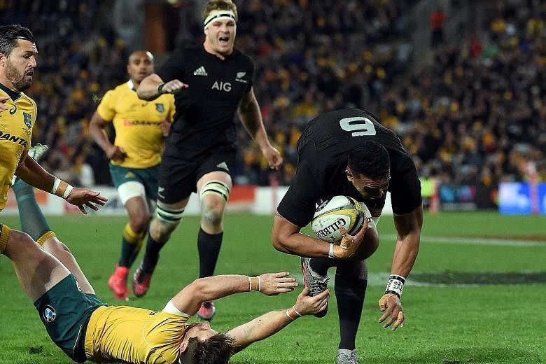 Jerome Kaino diving to score a try as the All Blacks hammered Australia 42-8 in Sydney in August. The battling Wallabies were beaten again 29-9 in Wellington but are likely to be "a different beast" on Saturday.