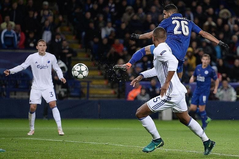 Leicester City's Riyad Mahrez (No. 26) scoring the only goal of the Champions League match against FC Copenhagen at the King Power Stadium.