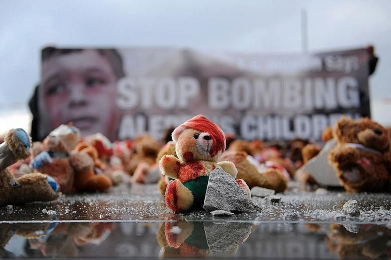 Teddy bears placed in Berlin by global civic group Avaaz in protest against Aleppo's bombing.