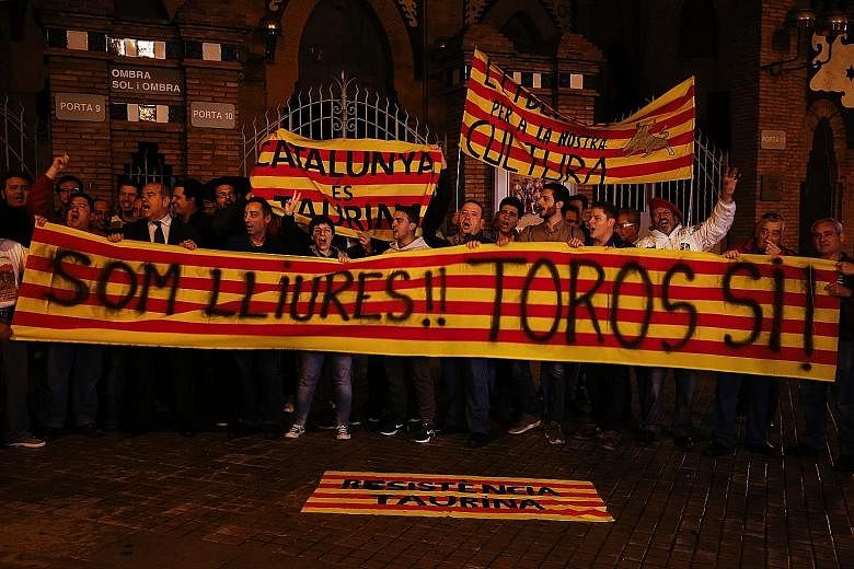 Bullfighting aficionados celebrating after Spain's Constitutional Court overturned the bullfighting ban in Catalonia. The court said bullfighting is classified as part of Spain's heritage and a decision on banning it was a matter for the central gove