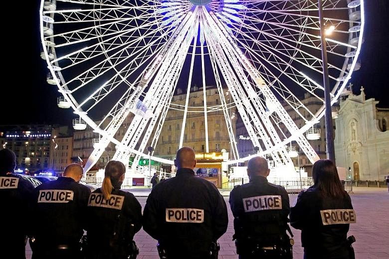 Police officers at an unauthorised protest against anti-police violence at the old harbour in Marseille, France, on Thursday.