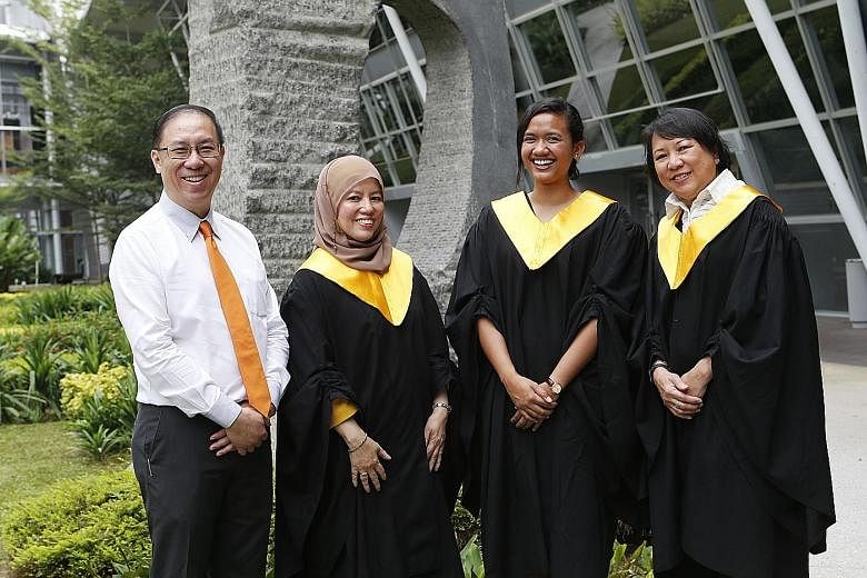 Among the graduates and scholarship recipients at the SSI Graduation and Awards Ceremony yesterday were (from left) Mr Paul Long, 52; Madam Noraidah Haji Akib, 52; Ms Nasuha Ramin, 23; and Ms Lisel Lee Ying, 61, who was the oldest graduate in her bat
