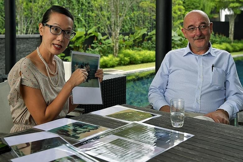 Above: Ms Yen Siow showing the old pictures of Mr Bernhard Oyangen (right) that people who had responded to her Facebook post sent her. Ms Siow met Mr Oyangen at the Norwegian ambassador's residence yesterday. Left: (Clockwise from top left) Ms Siow'