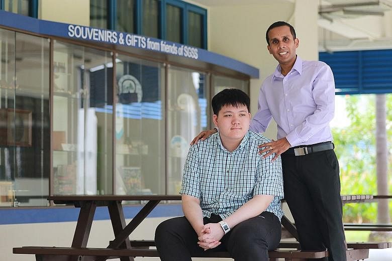 Mr Jeyaram with Mr Tay at St Gabriel's Secondary, where teacher and student once laboured tirelessly to overcome daunting hurdles. Support from the school and all his teachers enabled Mr Tay to score seven distinctions at O levels.
