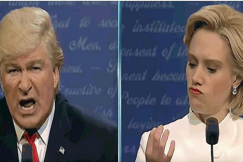 Alec Baldwin reprises his role as Mr Donald Trump, while Kate McKinnon (both above) takes on the role of Mrs Hillary Clinton again.