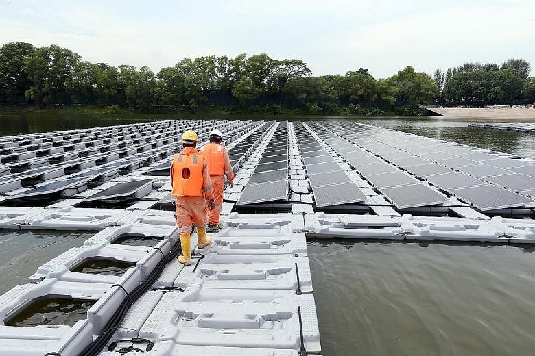 The floating solar photovoltaic cell test bed is an amalgam of 10 different systems. Each system, consisting of solar cells that can convert sunlight directly into energy, has a peak capacity of 100 kilowatts, enough to power 30 four-room HDB flats f
