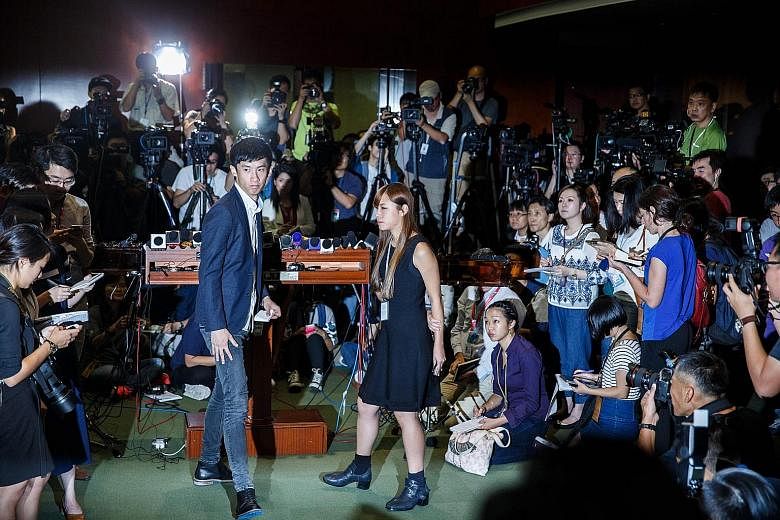 Mr Sixtus Baggio Leung and Ms Yau Wai Ching from the Youngspiration party leaving a press conference, held after they were not allowed to take their Legislative Council oaths in Hong Kong yesterday.