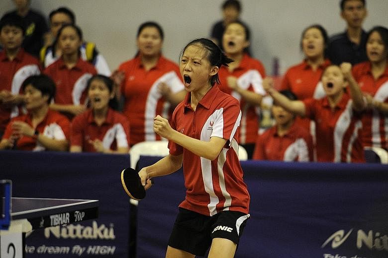 Tan En Hui in action for the Singapore Sports School in the Schools National Table Tennis Championships in April. She and three other 16-year-old girls and a 17-year- old boy, all local born, have been invited to join the national intermediate squad 