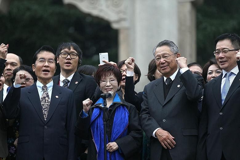 Kuomintang leader Hung Hsiu-chu, who is on a five-day visit to China, at the Sun Yat-sen Mausoleum in Nanjing on Monday.