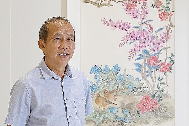 Chinese ink painter Koh Mun Hong (left) will feature 60 works in his one-man exhibition and that includes a 2012 artwork depicting a family fishing at Bedok Jetty (above).