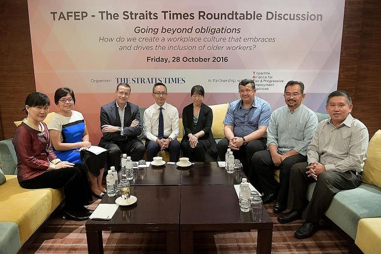 At the roundtable are (from left), Beyond Age executive director Helen Ko; ST business editor and moderator Lee Su Shyan; Tafep board member and SNEF vice-president Alexander Melchers; OCBC's head of group human resources Jason Ho; Ms Chang Li Er; NT