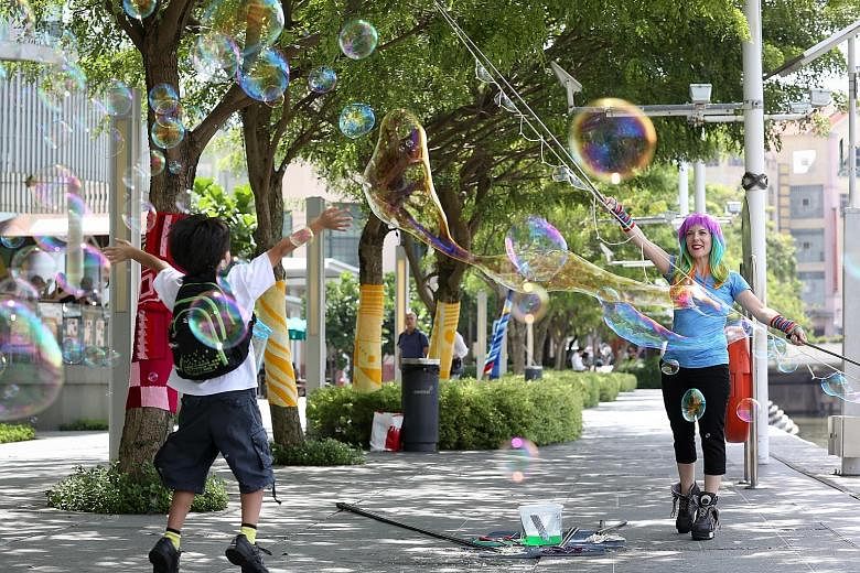 "Bubbles hate air- conditioning and love humidity," says Ms Caroline Cornelius- Jones, aka CJ the Bubble Girl. The wind and sun are not kind to bubbles either. Tomorrow evening, she will create bubbles in all shapes and sizes at the Singapore River F