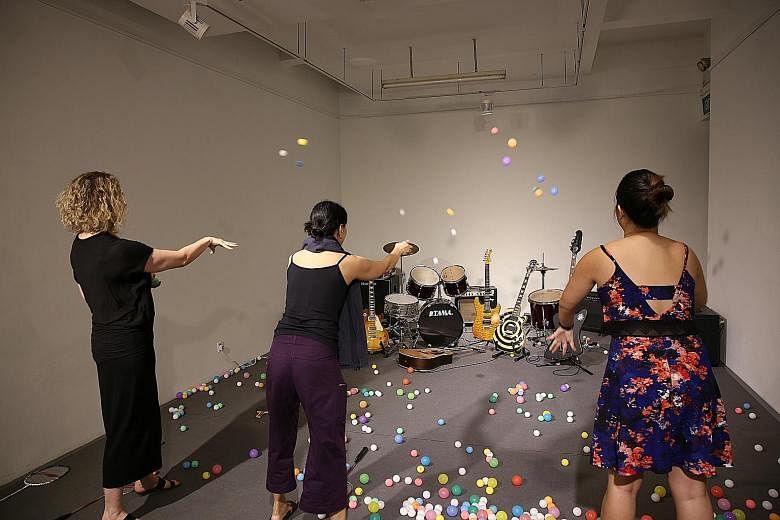 Home-grown film-maker Jeremy Chua is one of 11 "film therapists" at the film therapy clinic at The Substation; and artist Ang Song Ming's interactive work, Piece For 350 Onomatopoeic Molecules (above).